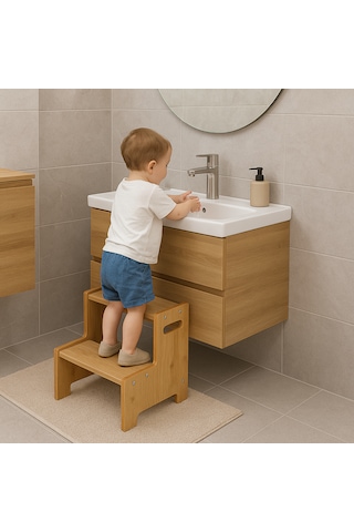 Momo Ahşap Basamak Tabure Çocuk Banyo Wc Lavabo Merdiven Yükseltici Eğitici Kaymaz Montessori Safir Meşe