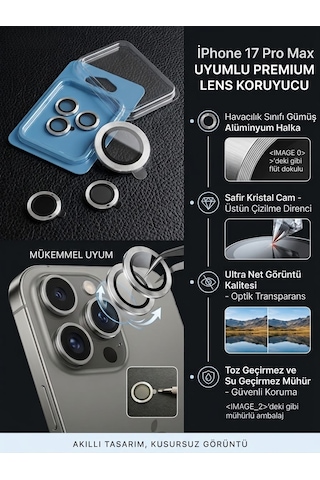 Apple iPhone 17 Pro Max Uyumlu Kamera Koruyucu Lens Gümüş