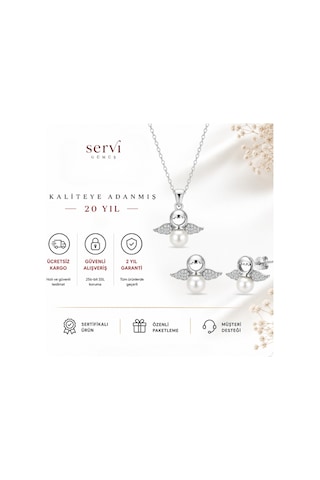 Servi 925 Ayar Gümüş Perla Melek Kanadı İnci Kolye Ve Küpe Seti-290