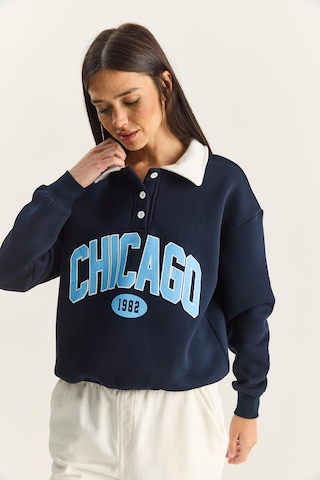 Shade Kadın Polo Yaka Chicago Baskılı Üç İplik Şardonlu Sweatshirt 60601050 - Lacivert