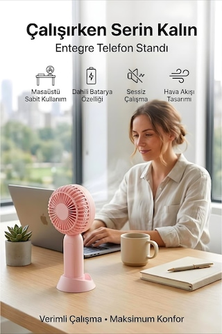 Şarjlı Taşınabilir Mini El Fanı 3 Kademeli Hız Ayarlı Telefon Standlı Vantilatör Pembe