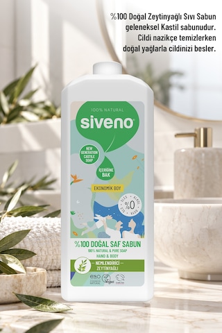 Siveno %100 Doğal Sıvı Kastil Sabun Zeytinyağlı Yoğun Nemlendirici Bitkisel Vegan 1 L