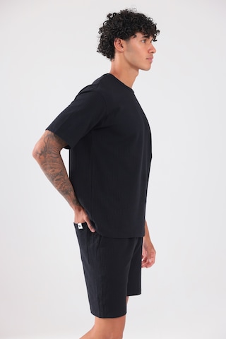 Rowinger Waffle Dokulu Oversize T-shirt Ve Şort Erkek Takım Siyah