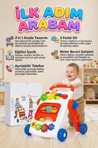 Sesli 3 Dil Seçenekli 2'si 1 Arada Oyuncak İlk Adım Arabası Ve Eğitici Aktivite Oyun Merkezi