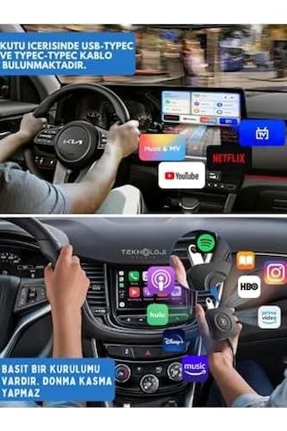 Kablosuz Carplay Ve Android Auto Adaptörü, 2gb Ram 32gb Rom, Türkçe Arayüz, Netflix Ve Youtube Destekli