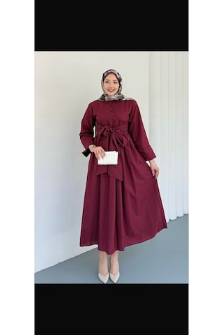 Çapraz Düğme Detaylı Bağlamalı Poplin Tesettür Elbise Bordo