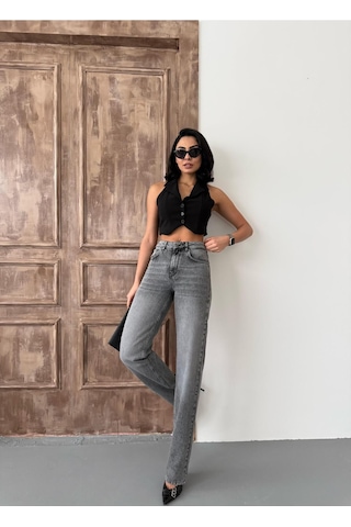 Kadın Straight Yüksek Bel Boru Paça Kot Pantolon Orta Füme Siyah+orta Füme