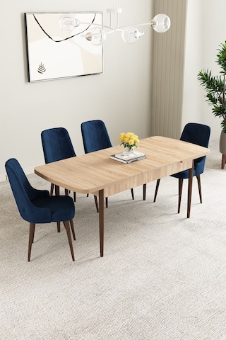 Mabel Meşe Desen 80x132 Mdf Açılabilir Mutfak Masası Takımı 4 Adet Sandalye Lacivert