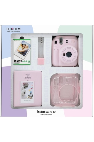 Fujifilm Instax Mini 12 Fotoğraf Makinesi + 10'lu Film + Simli Pleksi Kılıf + Pvc Albüm + Kıskaçlı Standı Pembe