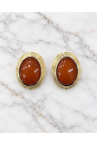 Premium Parlak Ve Şık Gold Renk Kahve Oval Taşlı Kadın Çelik Küpe Altın