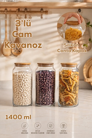 Herevin 232009-000 Cam Saklama Kavanozu 1400 Ml Ahşap Kapaklı Mutfak Erzak Kavanozu