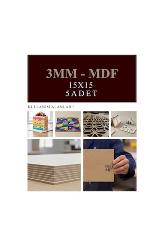 3 Mm 15x15 Mdf Plaka 5 Adet - Hobi, Maket, Pasta Altlığı - 1 Yüz Beyaz Lam Mdf