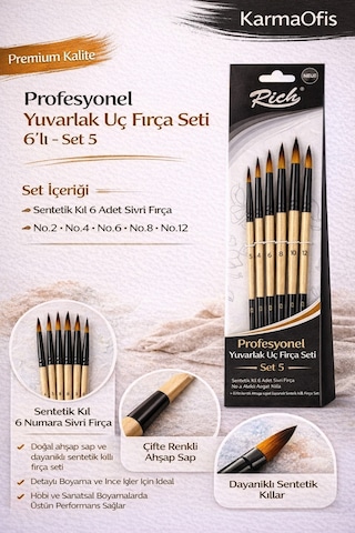 Profesyonel Yuvarlak Uç Fırça Seti 6 Lı Set 5 No 2-4-6-8-10-12 Sentetik Kıl Fırça