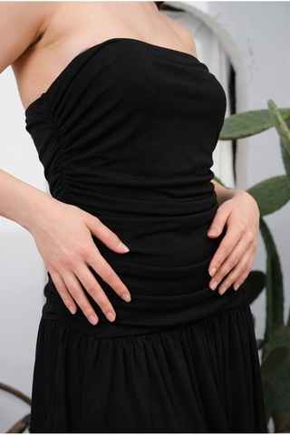 Fashion Cocktail Süper Mini Ekstra Kısa Drapeli Büzgülü Tül Kumaş Eteği Kloş Parti Party Davet Gece Sexy Bar Club Kokteyl Bodycon Tüp Elbise Siyah