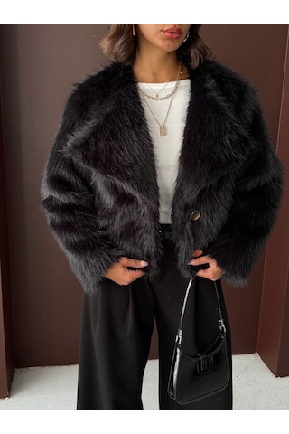 Kadın Vintage Peluş Tüylü Crop Ceket Altın Düğmeli Bisiklet Yaka Kışlık Şık Ceket Siyah