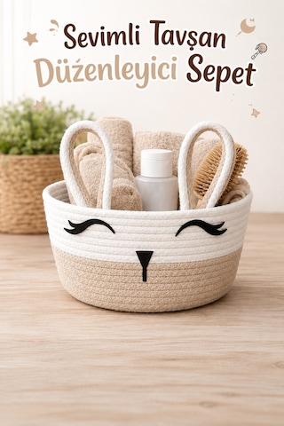 Jasper Minibunny Jüt İp Bej Sevimli Tavşan Düzenleyici Sepet Organizer 20x12 Cm