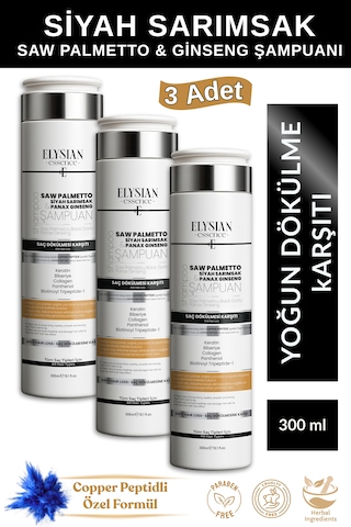 Elysian Essence Saw Palmetto & Siyah Sarımsak & Panax Ginseng Şampuanı 3 Adet Copper Peptidli Saç Dökülmesine Karşı Bakım 300 Ml Tüm Saç Tipleri