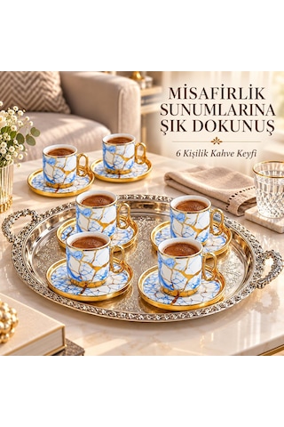 Valkyrie 12 Parça 6 Kişilik 80 Ml Türk Kahvesi Fincan Takımı Mavi Gold Mermer Desenli K653 Mavi