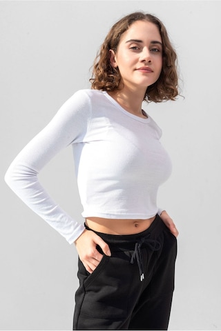 Gri Uzun Kollu Fitilli Bluz Crop Örme T-shirt Beyaz