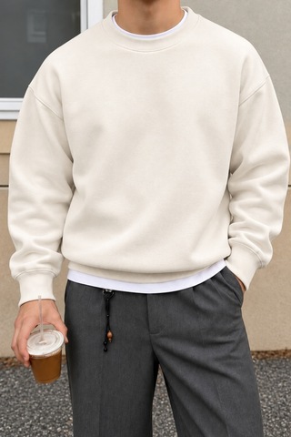 Cool Tarz Erkek 3 İplik Şardonlu Regular Fit Bisiklet Yaka Basic Sweatshirt Beyaz Beyaz