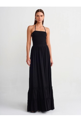 Olla Collection Uzun Keten Elbise-siyah Siyah
