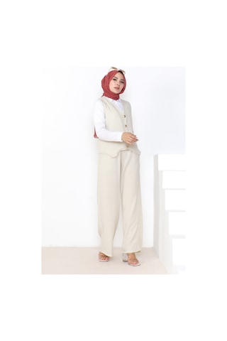 Bestenur Yelek Pantolon Keten İkili Takım 1035 - Taş