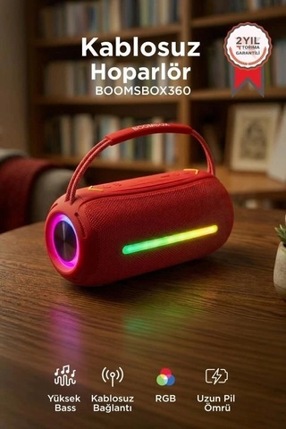 Delux Serisi Torima Bluetooth Hoparlör Rgb Booms Box 360 Kırmızı Seyyar Akıllı Müzik