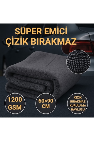 Polham Xl 60x90cm 1200gsm Süper Su Emici Özellikli Mikrofiber Araç Kurulama Havlusu, Çizik Ve İz Bırakmaz Bez