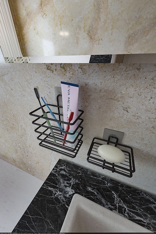 Corelle Kitchen Yapışkanlı Metal Diş Fırçalık + Sabunluk 2'li Set Siyah