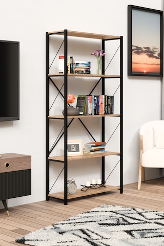 5 Geniş Raflı Kitaplık Metal Çerçeveli Modern Raf Çalışma Odası Ofis Salon Kitaplığı Evrak Rafı Atlantik Çam