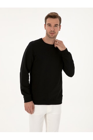 Siyah Regular Fit %100 Pamuk 3 İplik Bisiklet Yaka Sweatshirt