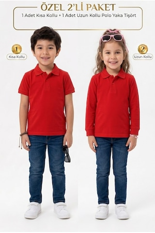 Nacar Store Unisex Çocuk Uzun Ve Kısa Kollu Polo Yaka Okul Tişörtü 2'li Set Kırmızı