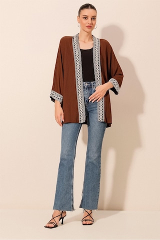 Bigdart 5866 Nakışlı Örme Kimono - Kahverengi 001