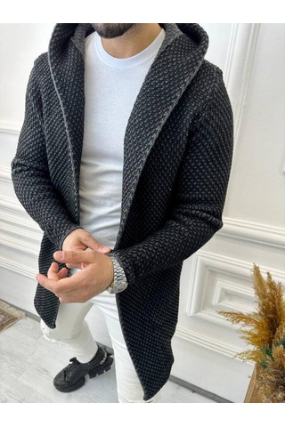 Elku Moda Elkumoda Hırka Kapüşonlu Örgü Triko Uzun Panço Hırka-HIRKA1862