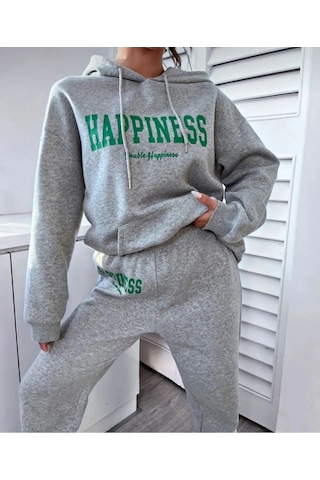 Gri Happiness Baskılı Kapüşonlu Kombin Alt Üst Eşofman Takımı Gri
