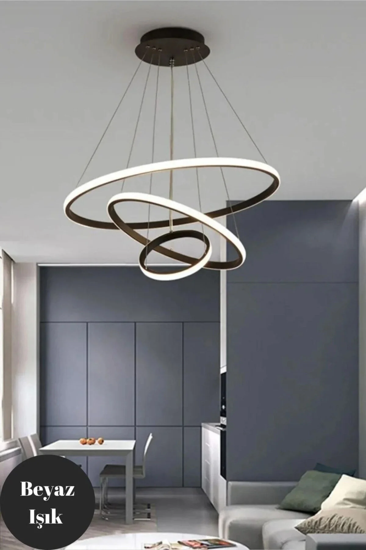 Siyah Kasa 3'lü Halka Ultra Süper Beyaz Ledli Modern Avize Beyaz
