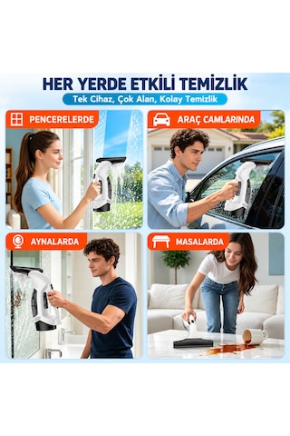 Şarjlı Cam Silme Makinesi Vakumlu Cam Temizleme Makinesi Cam Silecek Pencere Ayna Araç Camı Temizleyici Beyaz