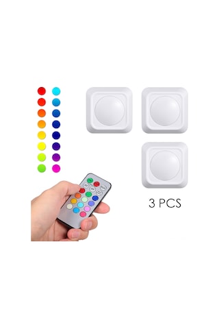 Ranyeek 3'lü Paket Rgb+beyaz Led Dolap Işığı, 4.5v 1w, Pil Beslemeli, Kablosuz, Uzaktan Kumanda, Işık Seviyesi Ayarlı, Zamanlama Fonksiyonu, Duvar/staircase/odalar İçin Beyaz