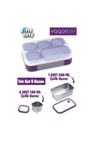 Vagonlife Lunch Box 1000 Ml Sızdırmaz,karışmaz 5 Hazneli Yeni Nesil Sefer Tası -fflbox40097 Mor
