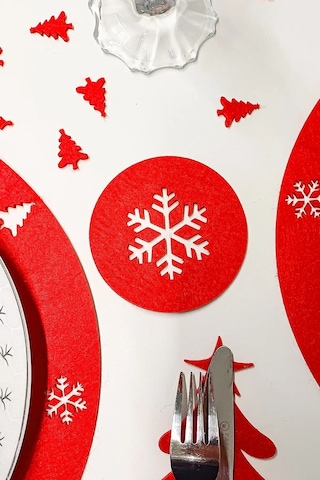 Kırmızı Kar Tanesi Desenli Bardak Altlığı Seti 6 Adet Yılbaşı, 3mm Keçe Kırmızı