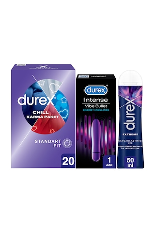 Durex Chill Karma Paket Prezervatif 20'li + Delight Bullet Titreşimli Vibratör + Extreme Kayganlaştırıcı Jel 50 ML