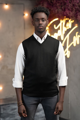 V Yaka Regular Fit Yünlü Kolsuz Triko Süveter Siyah