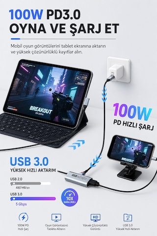 4k Hdmı Video Yakalama Kartı, Usb 3.0 Capture Card, 100w Pd Şarj Destekli, 90 Usb-c Kablolu, 4k 60 Fps Ve 1080p 240 Fps Destekli, Switch 2, Vr, Tablet, Pc Ve Mac Uyumlu