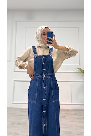 Biçomi Etekli Salopet Enzim Süper Taş Yıkama Koyu Mavi D2521