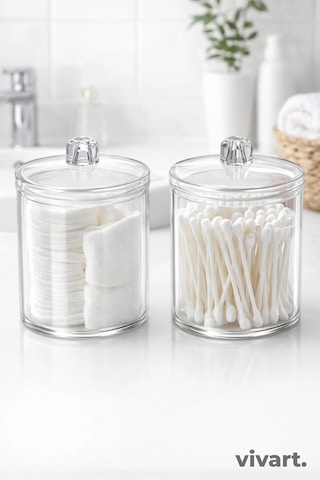 Şeffaf Pamukluk & Kulak Çubuğu Kabı 2 Li Set Banyo Düzenleyici Organizer