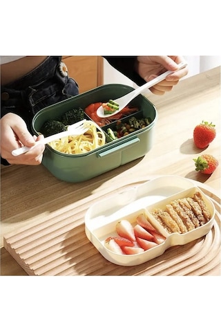 Taşınabilir Yemek Kabı Lunch Box 2 Katlı Diyet Beslenme Kutusu Saklama Kabı Çatal Kaşıklı Sefer Tası Beyaz