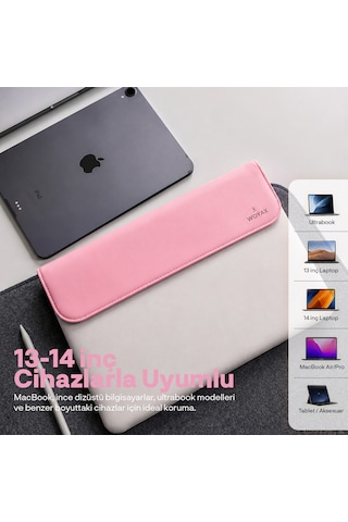 Woyax Cleanfit 13-14 İnç Gri Laptop Çantası Su Geçirmez Apple Macbook Uyumlu Kılıfı Apple iPad Tablet El Çantası Pembe