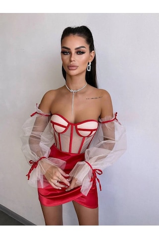 Havens Rosalıne Tül & Saten Detaylı Elbise Kırmızı