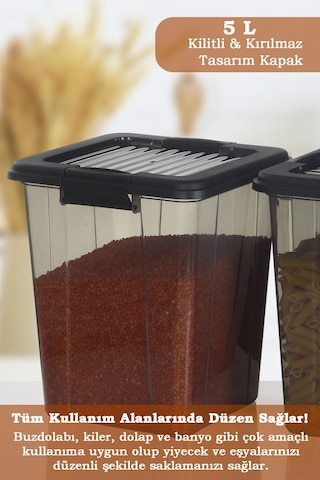 4'lü Organizer Box 5 L Un Bakliyat Erzak Kabı - Kilit Kapaklı Düzenleyici Deterjanlık Saklama Kutusu Siyah