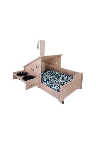 Realwood Ahşap Seramik Kaseli Tırmalama Çubuklu Açık Kapalı Kedi Evi
